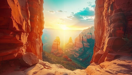 A scenic view of a canyon at sunset, seen from a narrow opening in the red rock cliffs.の素材