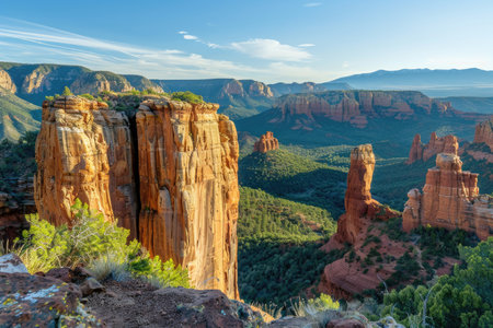A scenic view of red rock formations in Sedona, Arizona. The image features a variety of cliffs and canyons, with a lush forest in the background.の素材