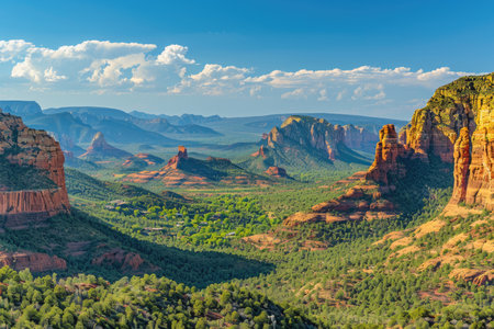 A panoramic view of the iconic red rock formations in Sedona, Arizona, with a lush forested valley below.の素材