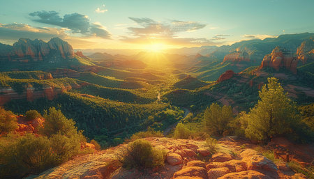 A panoramic view of a valley in Sedona, Arizona, with red rock formations illuminated by a vibrant sunset.の素材