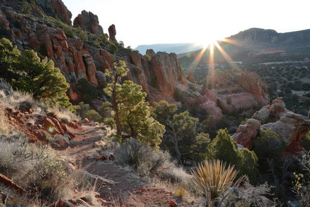 A scenic view of a trail winding through red rock formations, with a brilliant sunset illuminating the landscape.の素材