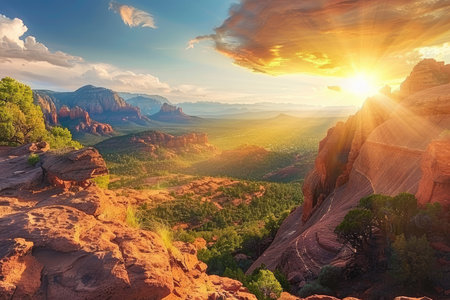 A breathtaking sunset over the red rock formations of Sedona, Arizona, with a panoramic view of the valley below.の素材