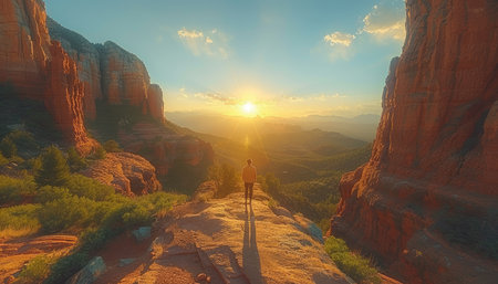 A lone figure stands on a clifftop overlooking a vast canyon during a vibrant sunset.の素材