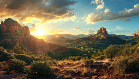 A panoramic view of red rock formations in Sedona, Arizona, at sunset, with golden light illuminating the valley below.の素材