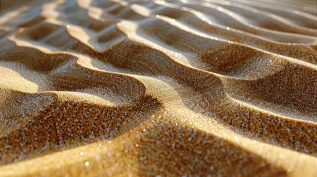A close-up image showcasing the intricate texture of golden sand with water droplets reflecting sunlight.の素材