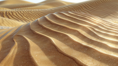 A close-up view of rippled desert sand with glistening dew drops catching the light.の素材