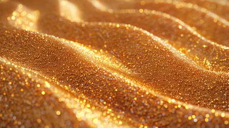 A close-up of a golden glitter surface with blurred bokeh lights, creating an abstract and festive texture.の素材