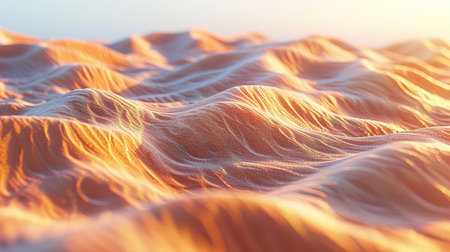 A close-up view of rippled sand dunes in a desert, illuminated by the warm glow of the setting sun.の素材