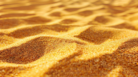 A close-up image of golden sand dunes with a sunlit texture, showing the fine details of the sand grains.の素材