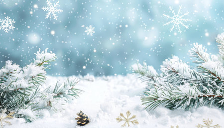A closeup of snow-covered pine branches with a pinecone and a golden snowflake in the foreground, against a soft blue background.の素材