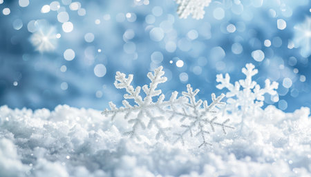 A close-up view of three ornate white snowflakes resting on fresh snow with a blurred blue background featuring out-of-focus bokeh.の素材