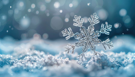 A close-up image of a single, intricate snowflake resting on snow with a blurry background of bokeh.の素材