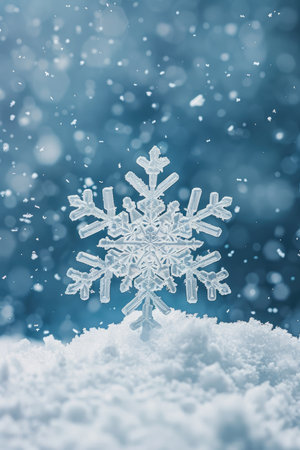 A single, large snowflake sits on a bed of snow,  highlighted by the out of focus background.の素材
