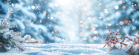A close-up shot of a snowy pine branch and snowflake decorations against a blurred background of a winter wonderland.の素材