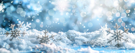 A closeup image of silver snowflakes resting on a bed of freshly fallen snow, creating a wintery and festive scene.の素材