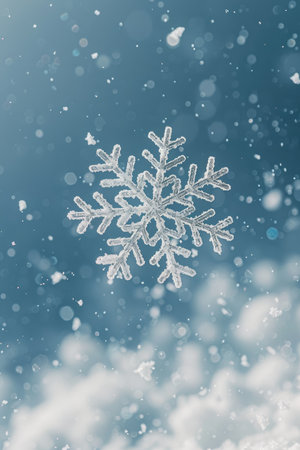 A close-up of a single snowflake falling through the air, with a blurred background of a blue sky and snow.の素材