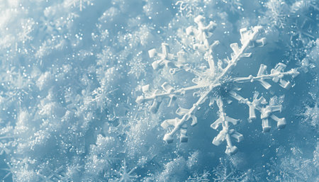 A large snowflake with smaller snowflakes in the background, creating a frosty and sparkling winter scene.の素材