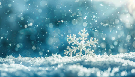 A single large snowflake rests on a bed of snow against a bokeh background of blue hues.の素材