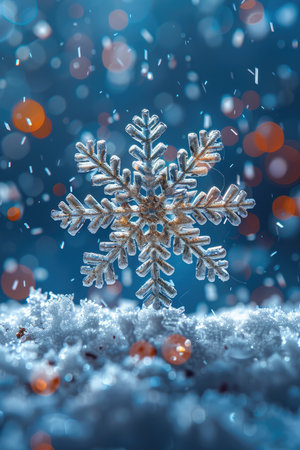 A silver snowflake ornament rests on a bed of snowy ground, illuminated by a soft glow of blurred lights.の素材