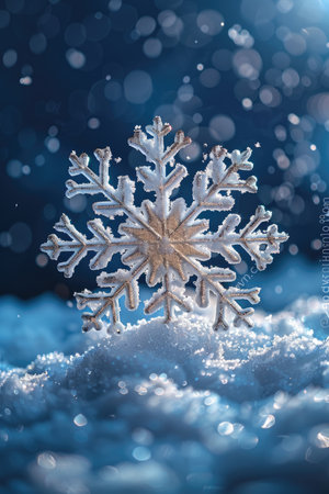 A close-up of a silver snowflake resting on snow with a blue bokeh background.の素材