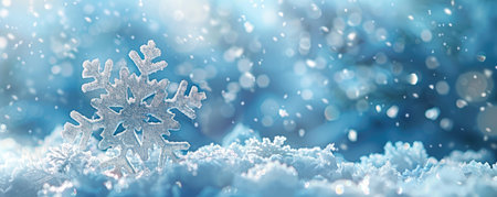 A close-up image of a single snowflake resting on a bed of fresh snow with a blurred background of blue skies and falling snowflakes.の素材