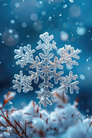 A detailed image of a single snowflake falling against a blue sky with bokeh and snowy branches in the foreground.の素材