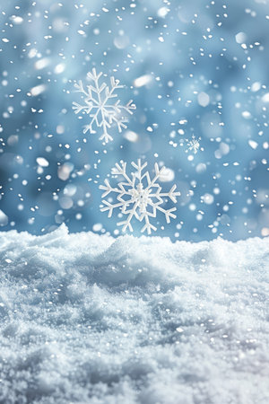 A close-up image of white snowflakes falling onto a bed of fresh snow, creating a wintery and serene scene.の素材