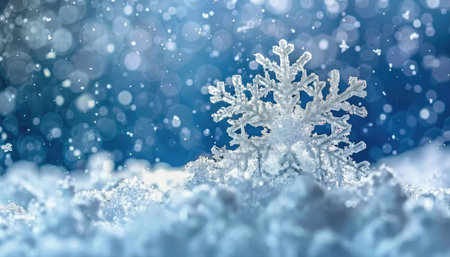 A close-up of a single snowflake in a snowy landscape against a blue bokeh background.の素材