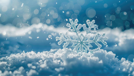 A delicate snowflake resting on a bed of snow with a blurred blue background.の素材
