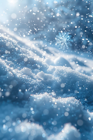 A close-up view of glistening snow with a single snowflake falling in a blue wintery setting.の素材