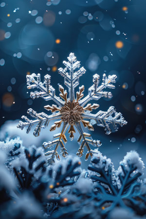 A close-up image of a large, glittery snowflake against a blue bokeh background.の素材