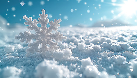 A single, intricate snowflake sits on a bed of pristine white snow, with a bright blue sky and sparkling lights in the background.の素材