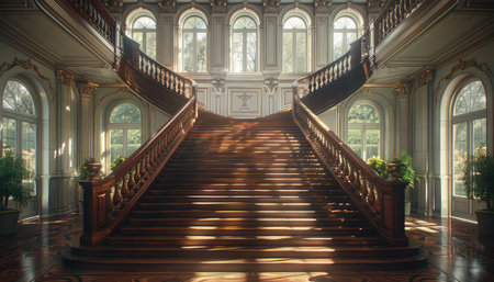 A grand wooden staircase in a luxurious mansion bathed in sunlight streaming through large arched windows.の素材