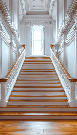 An elegant, white staircase with ornate railings leading to a window in a grand mansion.の素材