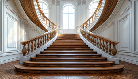 A grand, curved wooden staircase with ornate railings in a white room with large windows.の素材