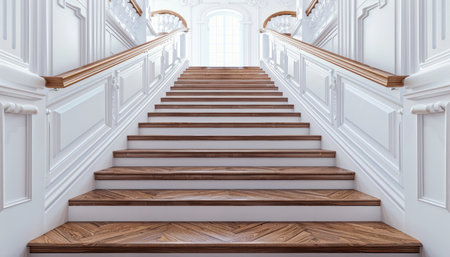 An elegant wooden staircase with white trim, a window at the top, and ornate detailing.の素材