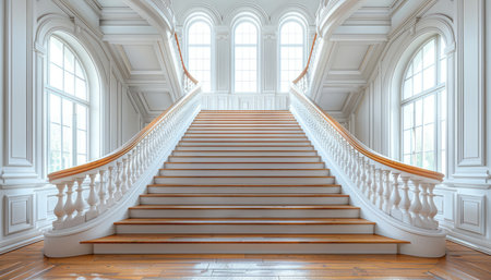 A grand white staircase with wooden steps and handrails in a large hallway with arched windows.の素材