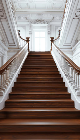A grand, wooden staircase with white handrails leading up to a window in a classic interior setting.の素材