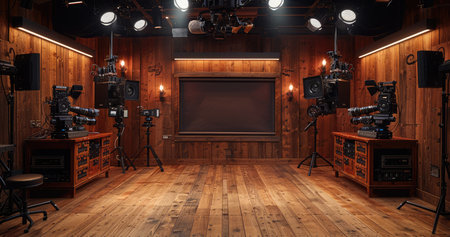 A professional film studio space with multiple cameras, lighting equipment, and wooden wall paneling.の素材
