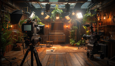A film set with professional cameras and lighting equipment in a rustic, wooden studio.の素材