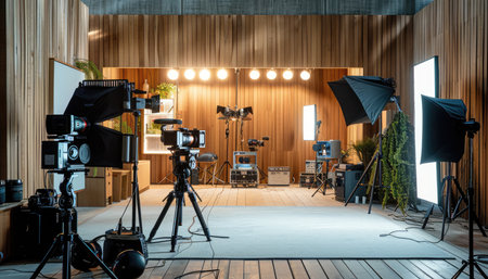 A film studio set up with professional cameras, tripods, lighting equipment, and a white backdrop.の素材