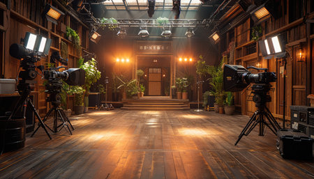 Two professional cameras on tripods, prepared for filming in a dimly lit rustic studio with wooden walls and floors.の素材