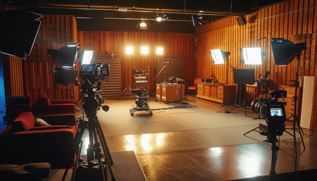 A film set with two cameras, lighting equipment, and wooden furniture.の素材