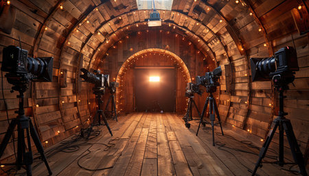 A row of professional cameras on tripods are set up inside a wooden tunnel.の素材
