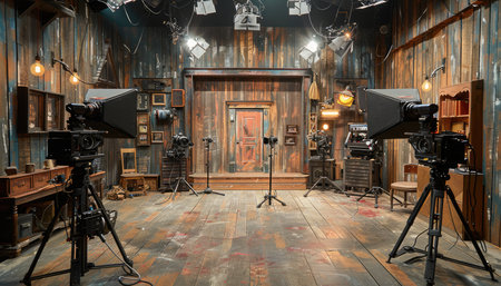 A film set with wooden walls, a doorway, and three cameras on tripods, ready for filming.の素材