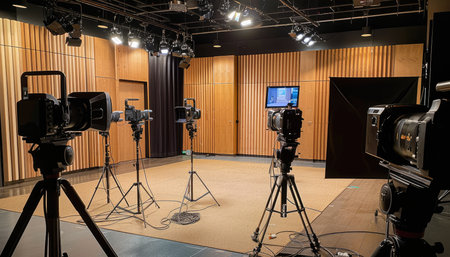 A film studio with multiple cameras and lighting equipment set up and ready for production.の素材