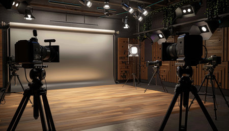 A film studio setup with cameras, lights, and a backdrop, ready for a shoot.の素材