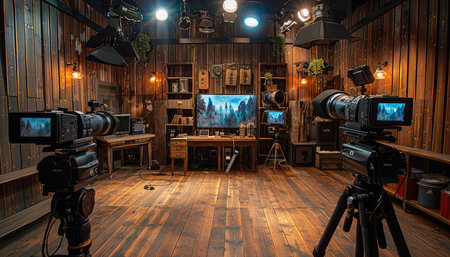 A rustic studio with two professional cameras set up on tripods, capturing a scene on a large screen.の素材
