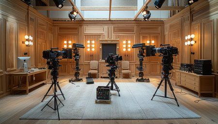 A professional film studio setup with multiple cameras, lighting equipment, and a wooden room interior.の素材