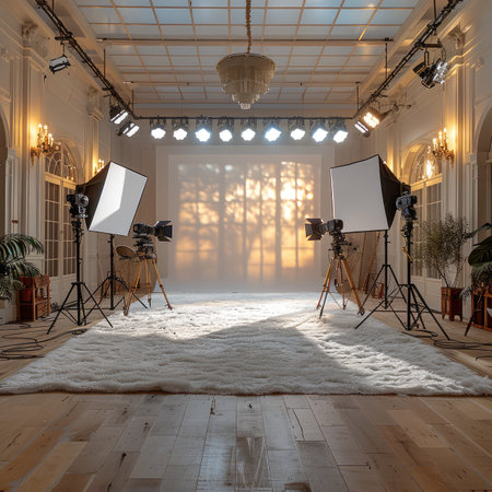A professional photography studio setup with lighting, a white backdrop, and a fluffy rug on the wooden floor.の素材